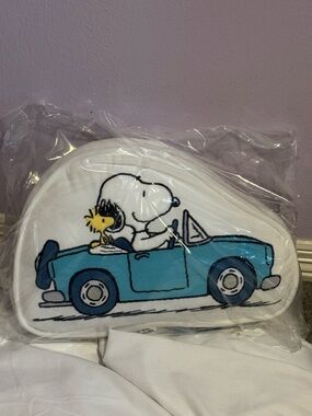 Peanuts White Pillow with Snoopy & Woodstock in Blue Car